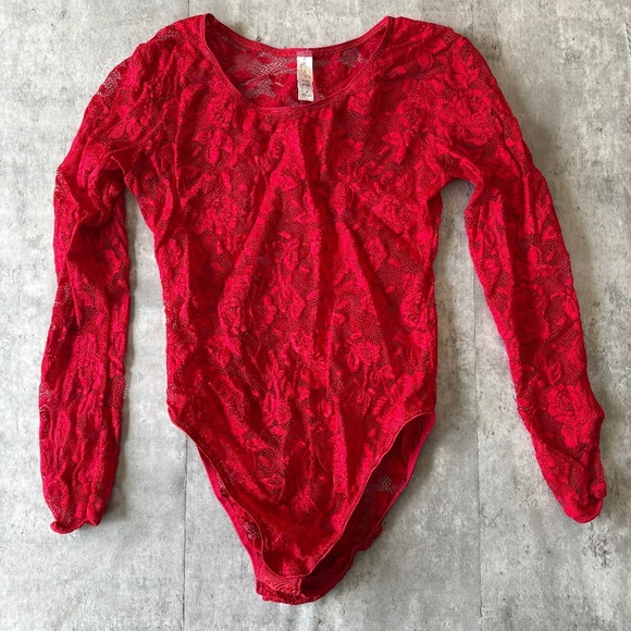 Victorias Secret sexy red lace bodysuit long sleeve festival romantic womens M - Picture 1 of 5
